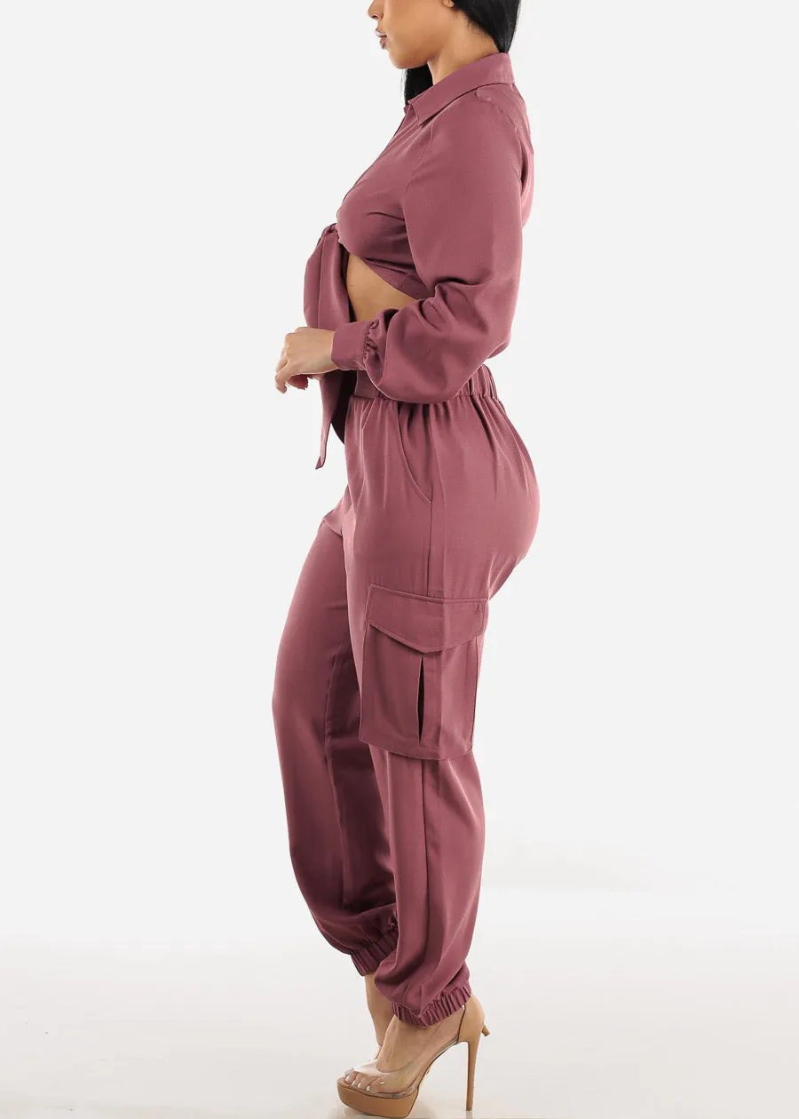 Long Sleeve Crop Top & Cargo Jogger Pants Mauve (2PCE SET) sold by Moda product image thumbnail 4