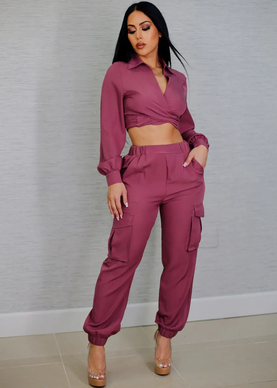 Long Sleeve Crop Top & Cargo Jogger Pants Mauve (2PCE SET) sold by Moda