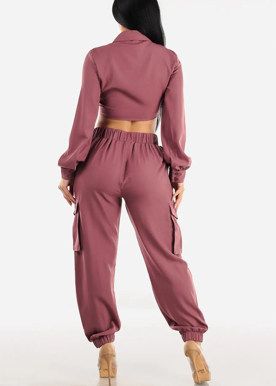 Long Sleeve Crop Top & Cargo Jogger Pants Mauve (2PCE SET) sold by Moda product image thumbnail 5