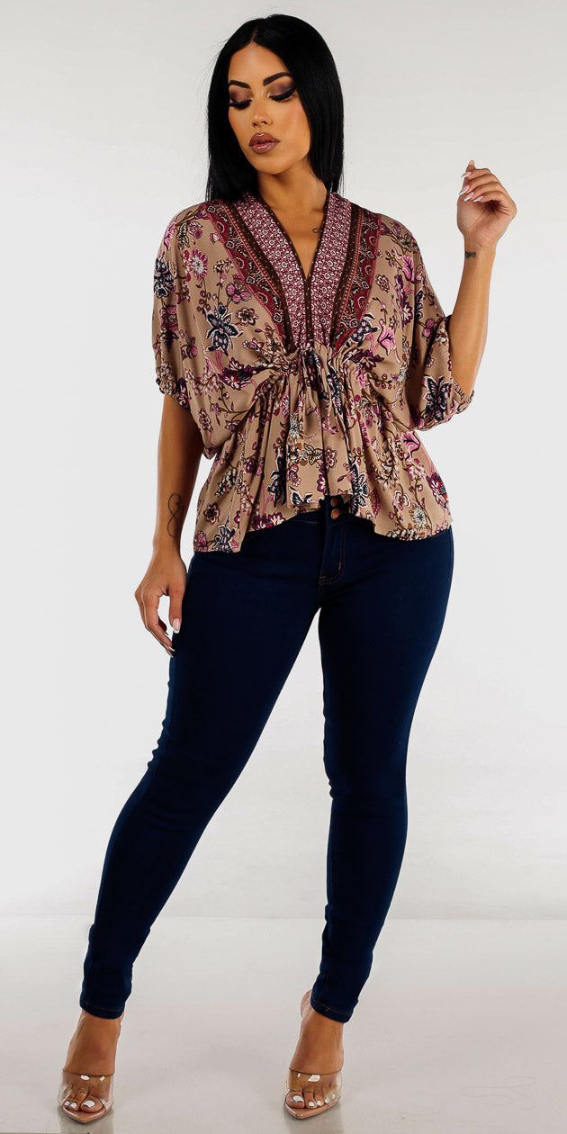 Dark Blue Butt Lifting High Rise Skinny Jeans with Abstract Kimono Top sold by Moda
