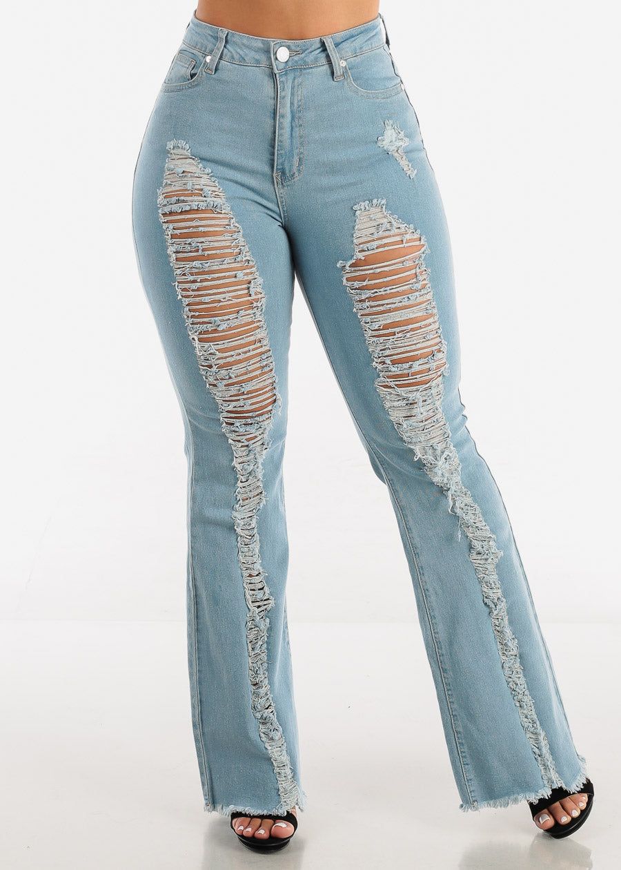 Super High Waisted Distressed Light Wash Bell Bottom Jeans sold by Moda