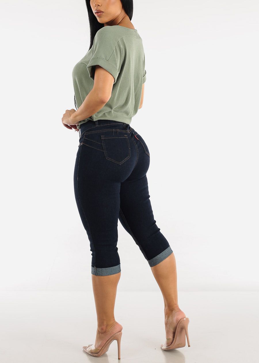Butt Lifting Mid Rise Cuffed Denim Capris Dark Wash sold by Moda product image thumbnail 5