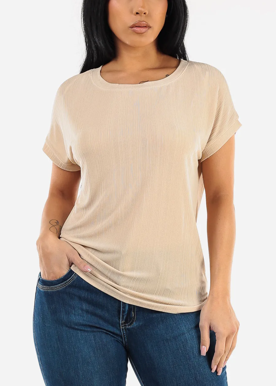 Short Sleeve Round Neck Blouse Beige sold by Moda