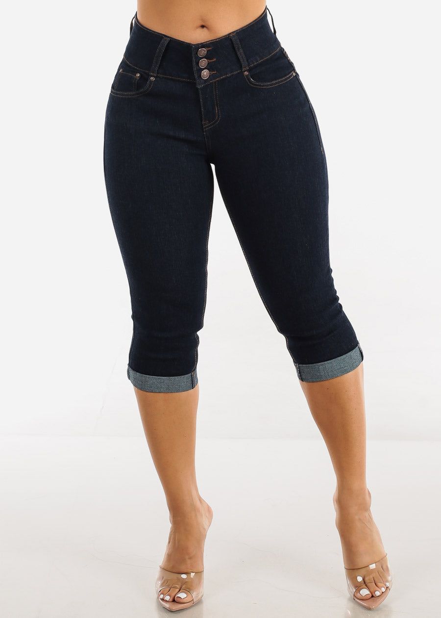 Butt Lifting Mid Rise Cuffed Denim Capris Dark Wash sold by Moda product image thumbnail 3