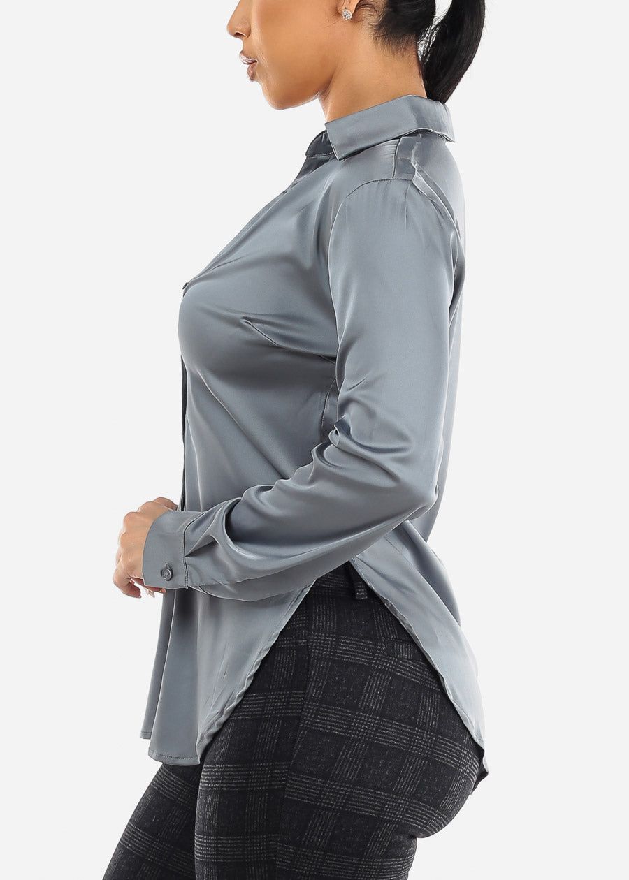 Satin Long Sleeve Button Down Collared Blouse Dusty Blue sold by Moda product image thumbnail 3