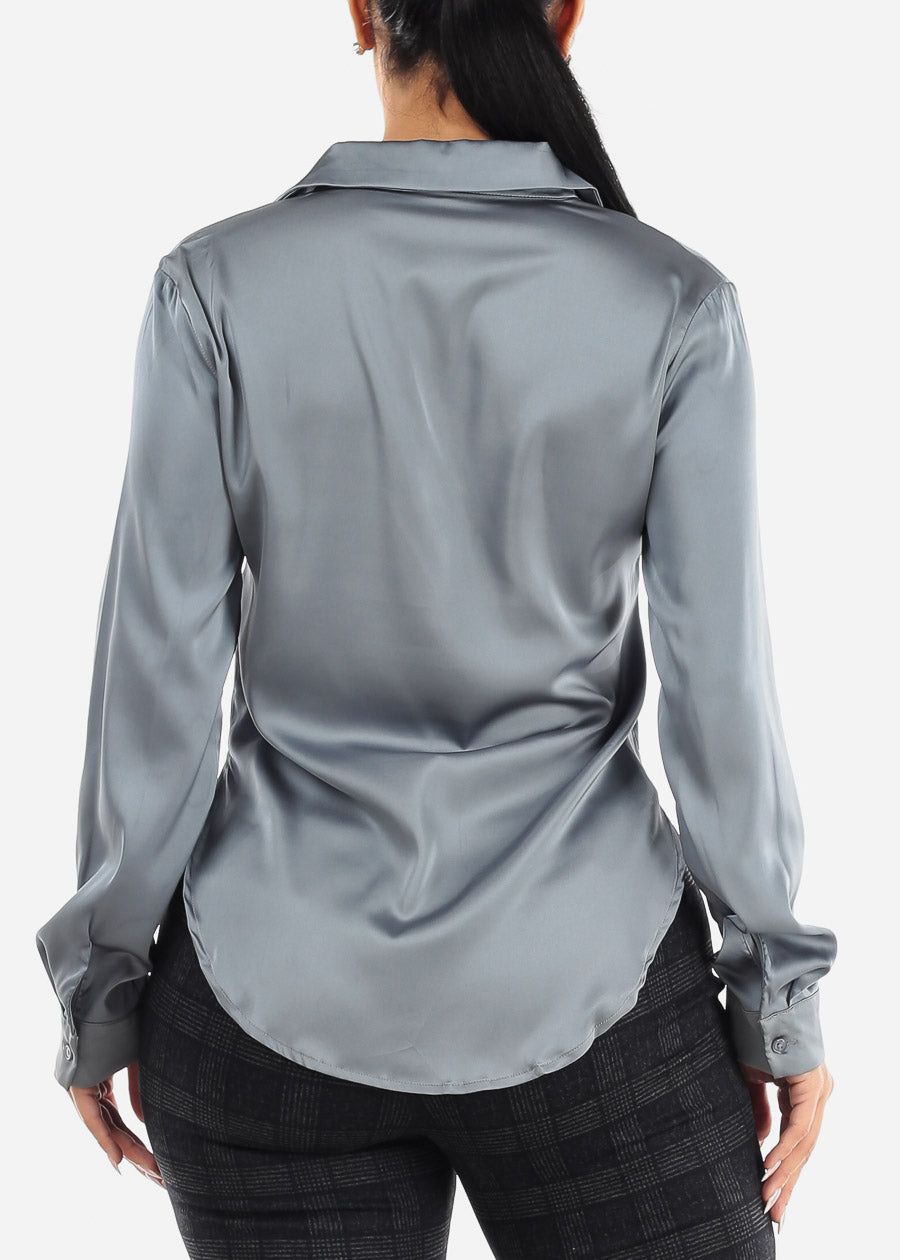 Satin Long Sleeve Button Down Collared Blouse Dusty Blue sold by Moda product image thumbnail 4