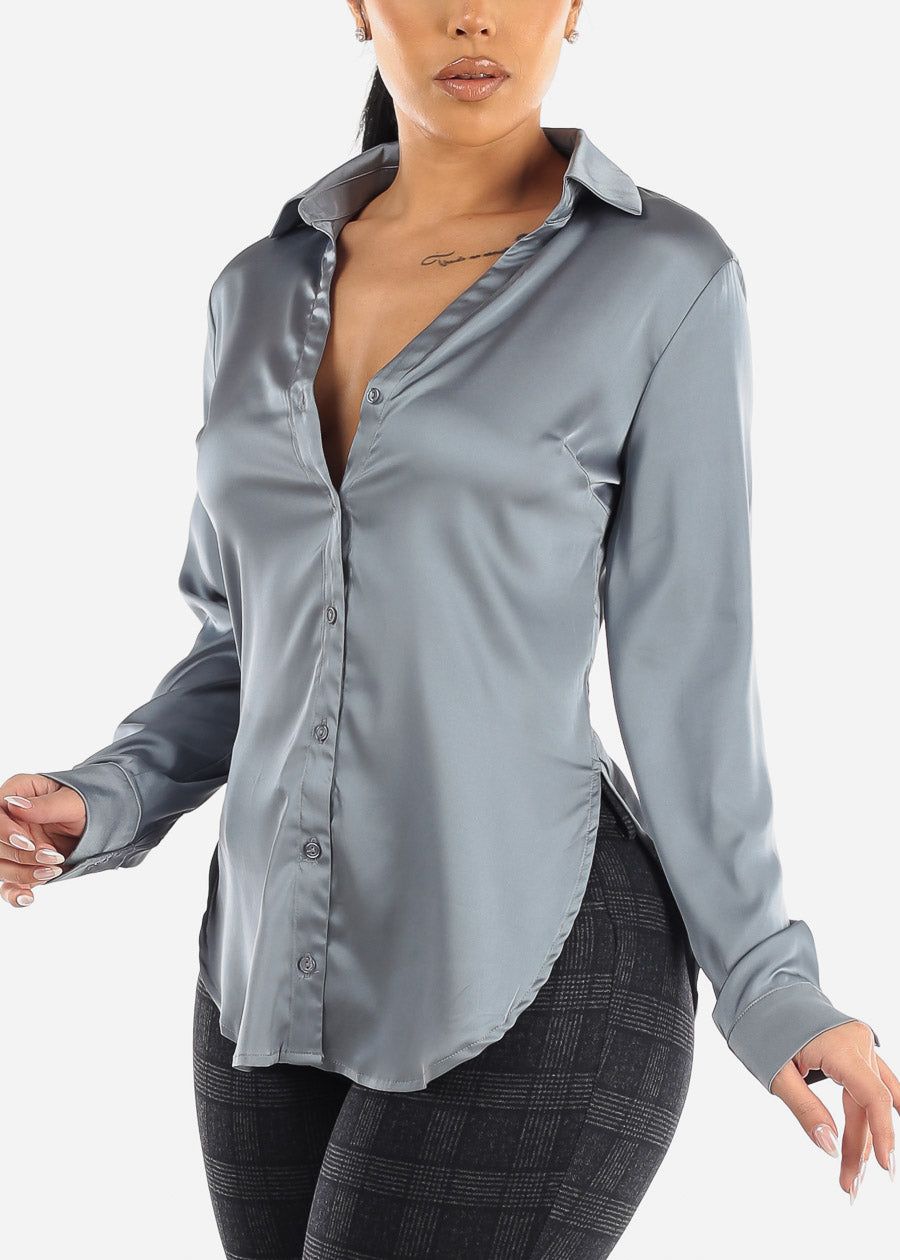 Satin Long Sleeve Button Down Collared Blouse Dusty Blue sold by Moda