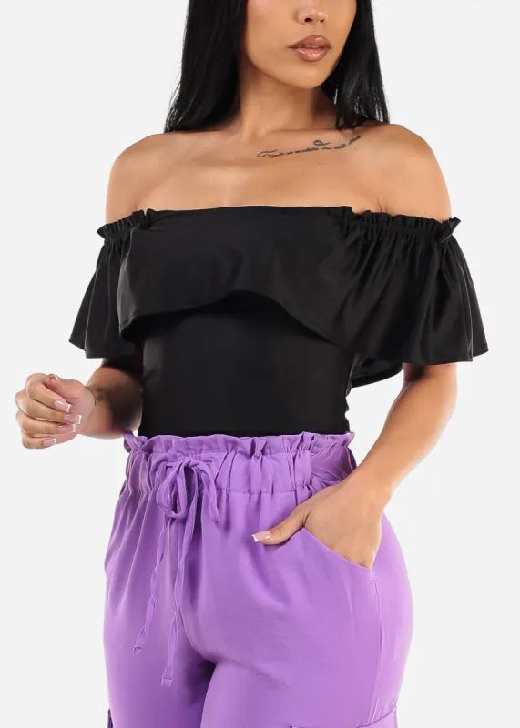 Black Off Shoulder Ruched Crop Top sold by Moda