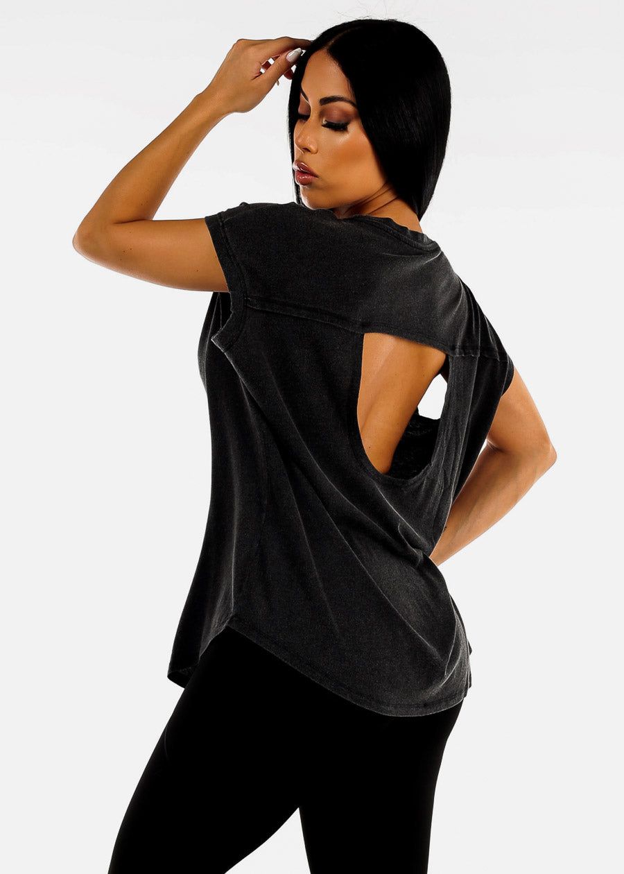 Black Cap Sleeve Cut Out Back Athleisure Top sold by Moda product image thumbnail 2