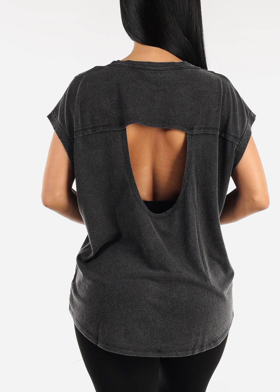Black Cap Sleeve Cut Out Back Athleisure Top sold by Moda product image thumbnail 5