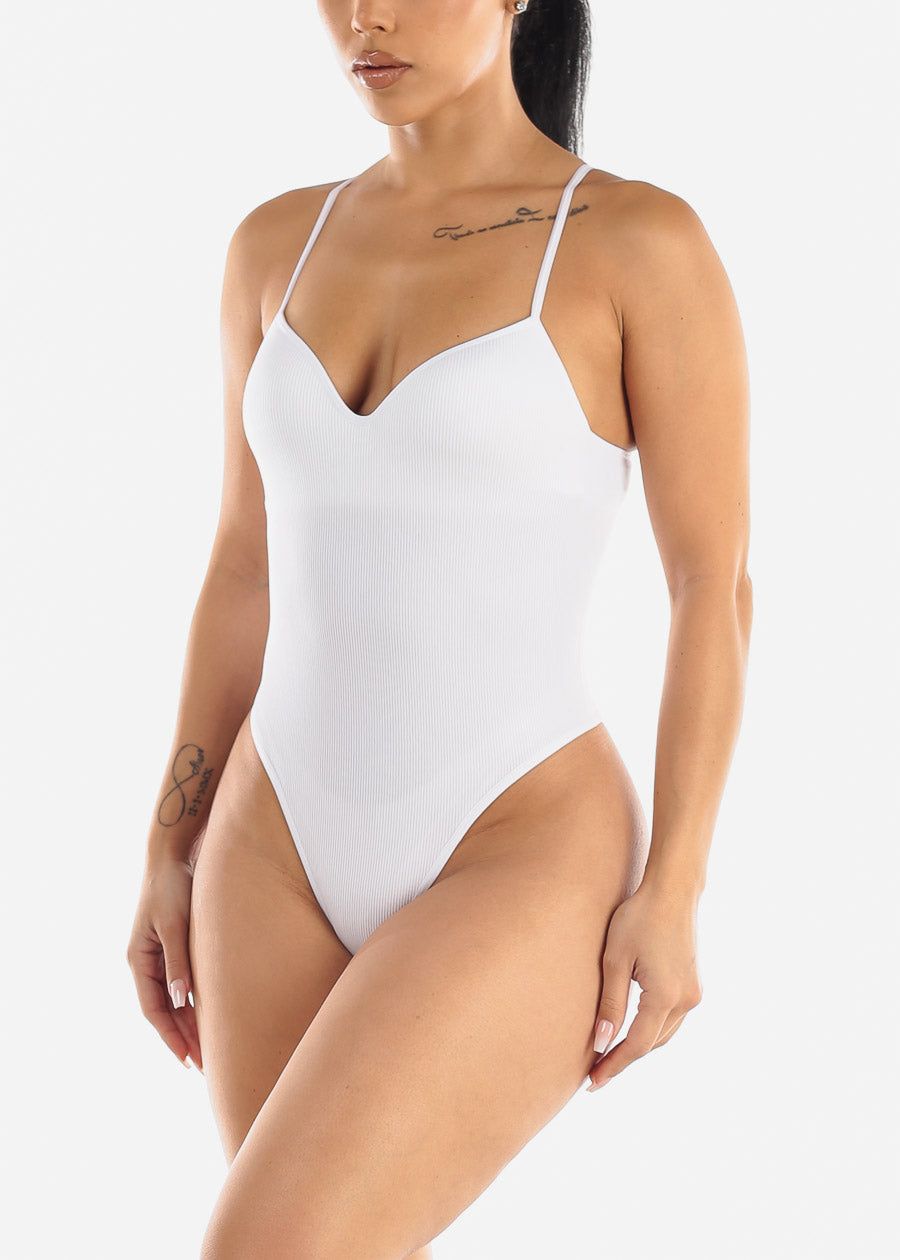 White Spaghetti Strap Seamless Thong Bodysuit sold by Moda product image thumbnail 4