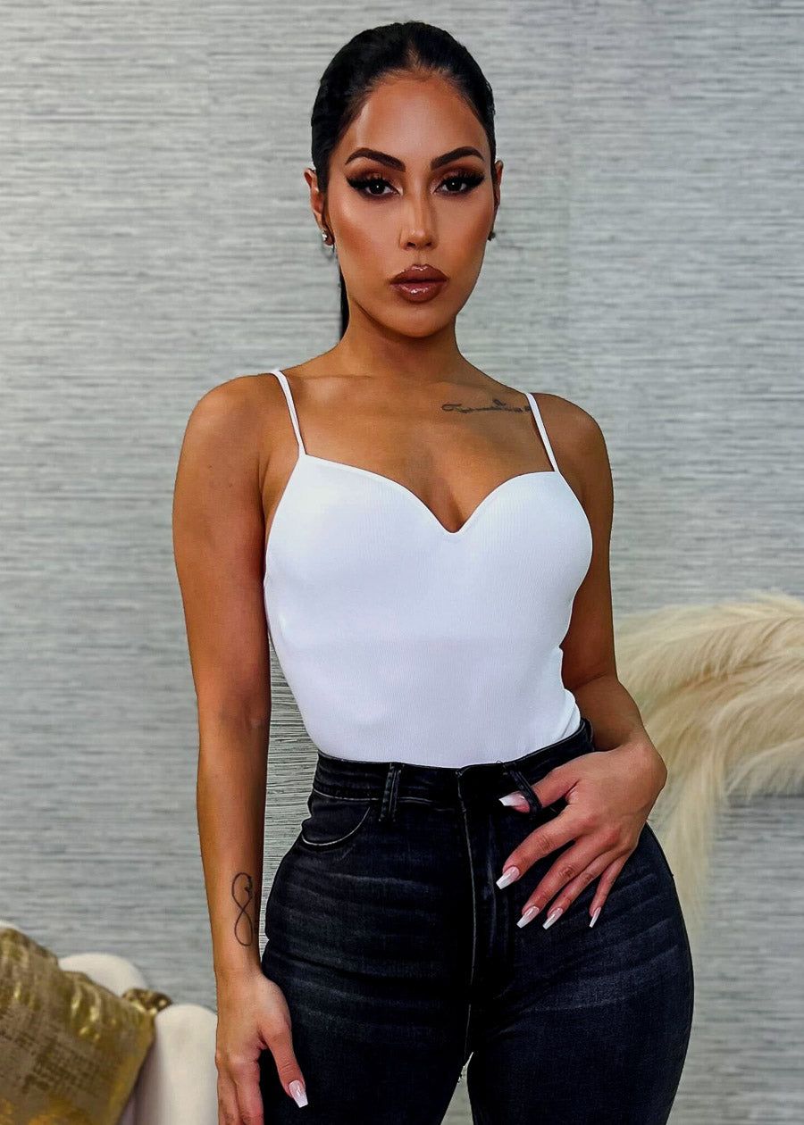 White Spaghetti Strap Seamless Thong Bodysuit sold by Moda