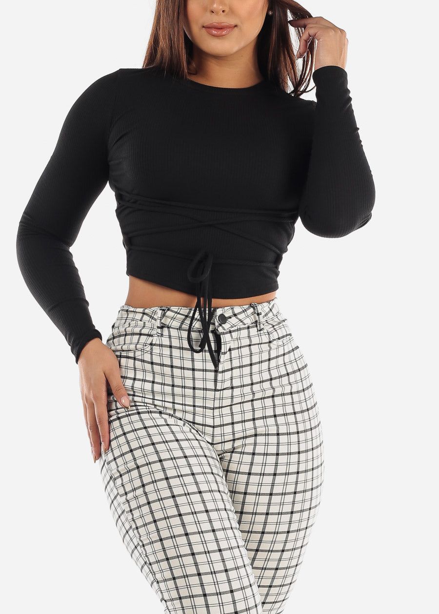 Ribbed Long Sleeve Black Top Front Tie sold by Moda