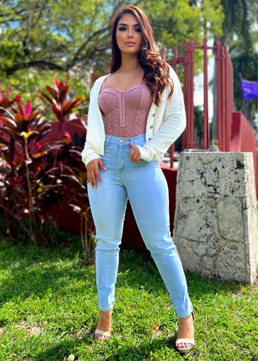 High Waisted Cuffed Skinny Jeans Light Wash sold by Moda product image thumbnail 2