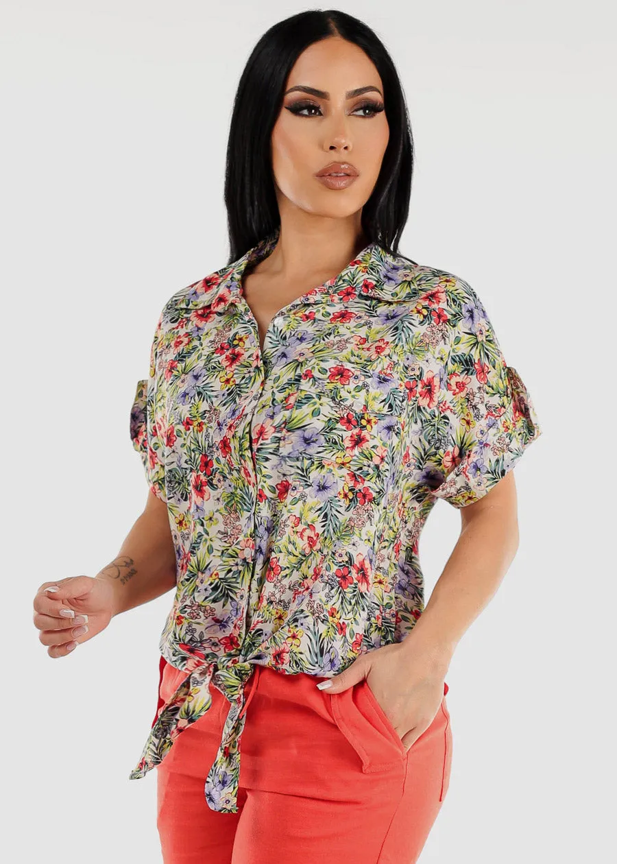 Floral Front Tie Short Sleeve Shirt sold by Moda