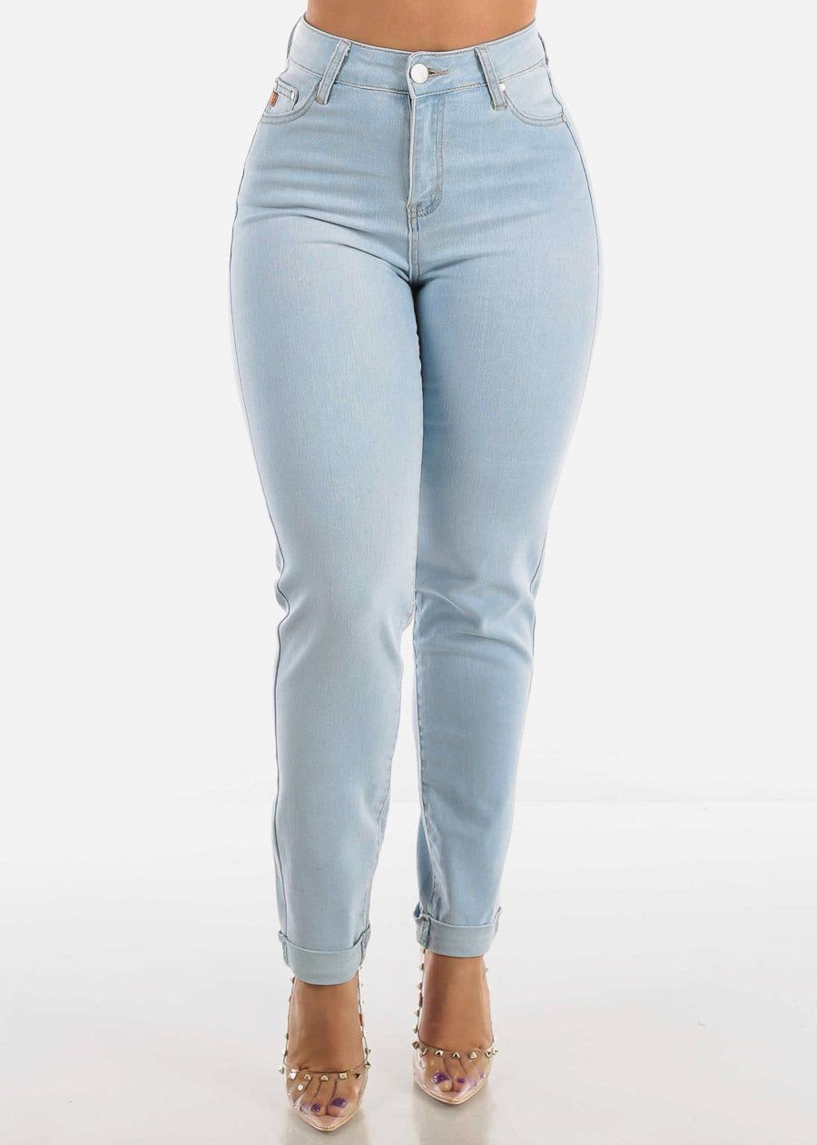 High Waisted Cuffed Skinny Jeans Light Wash sold by Moda