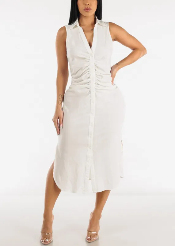 White Sleeveless Ruched Front Collared Midi Dress sold by Moda