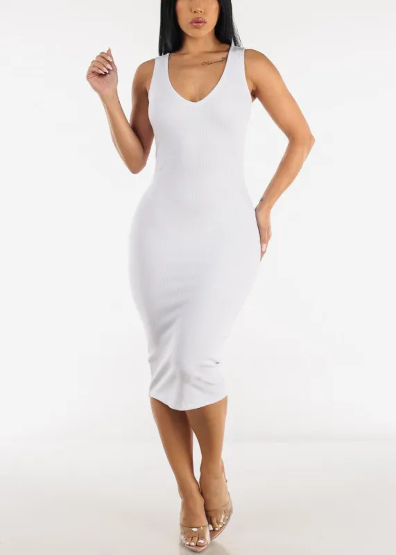 White Sleeveless Vneck Ribbed Bodycon Dress sold by Moda
