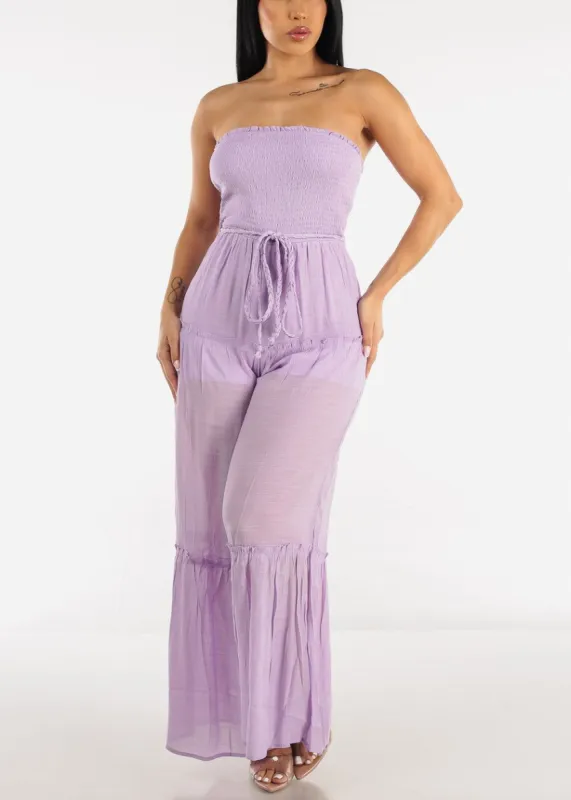 Strapless Smocked Ruffle Jumpsuit Lilac sold by Moda