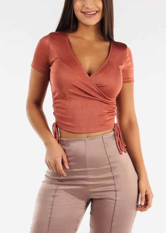 Short Sleeve Surplice Top Rust w Ruched Sides sold by Moda