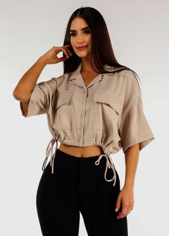 Short Sleeve Button Up Cropped Shirt Taupe sold by Moda