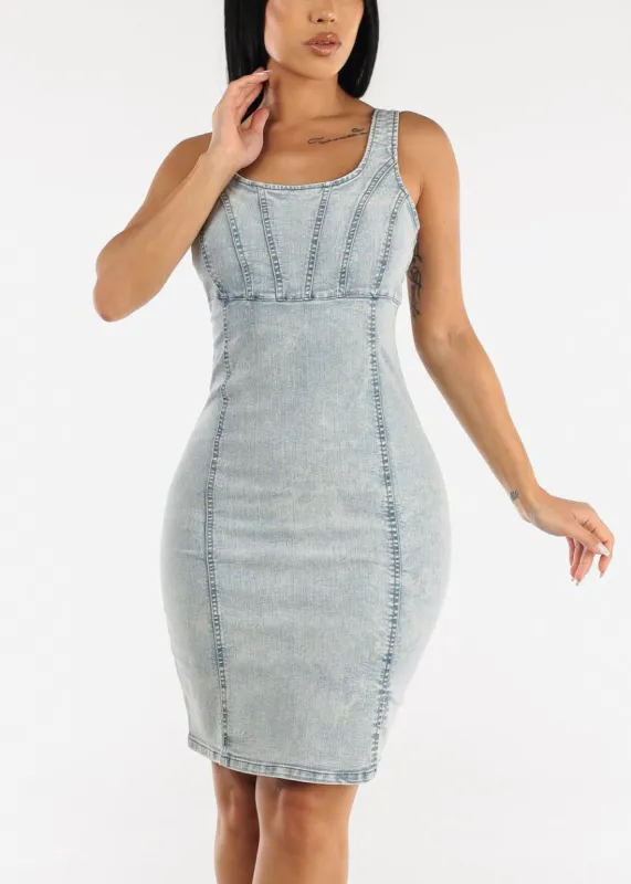 Sleeveless Light Acid Wash Bodycon Denim Dress sold by Moda