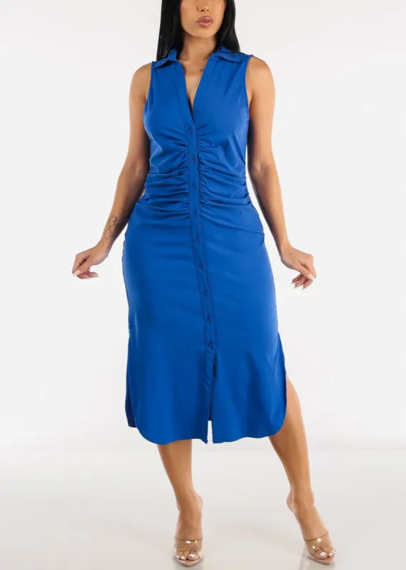 Sleeveless Ruched Front Collared Midi Dress Royal Blue made by Moda