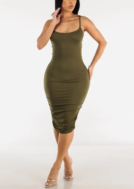 Ruched Spaghetti Strap Bodycon Midi Dress Olive sold by Moda