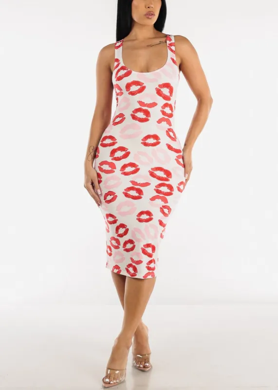 Sleeveless White Printed Bodycon Midi Dress made by Moda