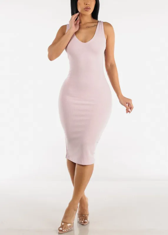 Sleeveless Vneck Ribbed Bodycon Dress Light Purple sold by Moda