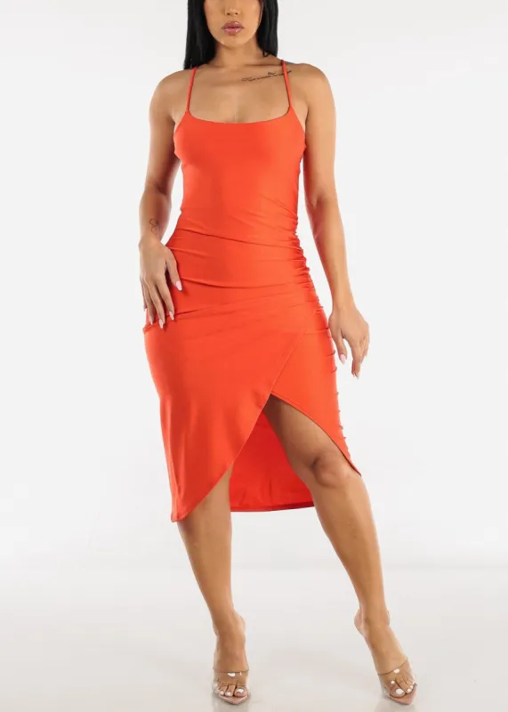 Ruched Side Wrapped Cami Bodycon Midi Dress Orange sold by Moda
