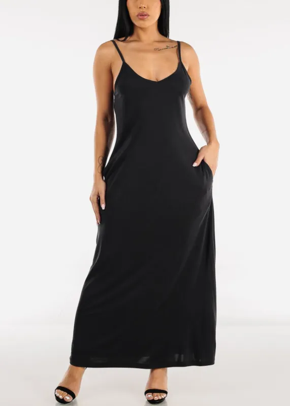 Sleeveless Cami Maxi Dress Black w Pockets sold by Moda