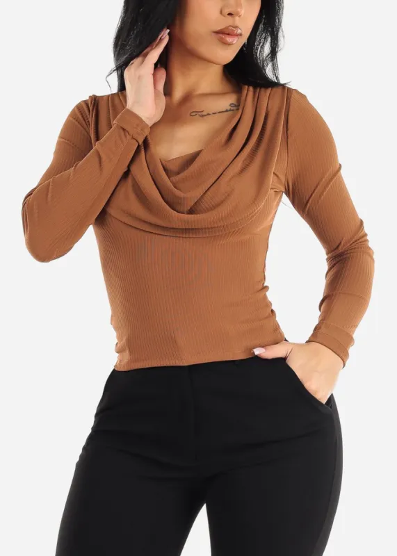 Ribbed Long Sleeve Cowl Neck Fitted Top Light Brown sold by Moda