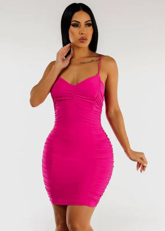 Sleeveless Ruched Bodycon Mini Dress Fuschia sold by Moda