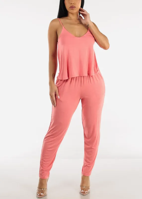 Sleeveless Coral Skinny Jumpsuit w Pockets sold by Moda