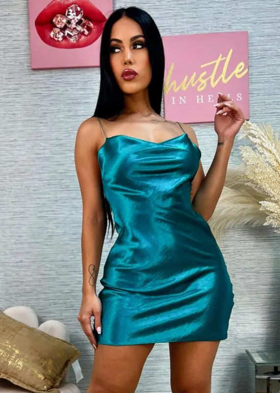 Open Back Spaghetti Strap Satin Mini Dress Teal sold by Moda