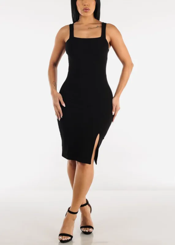 Black Square Neck Sleeveless Bodycon Dress w Front Side Slit sold by Moda