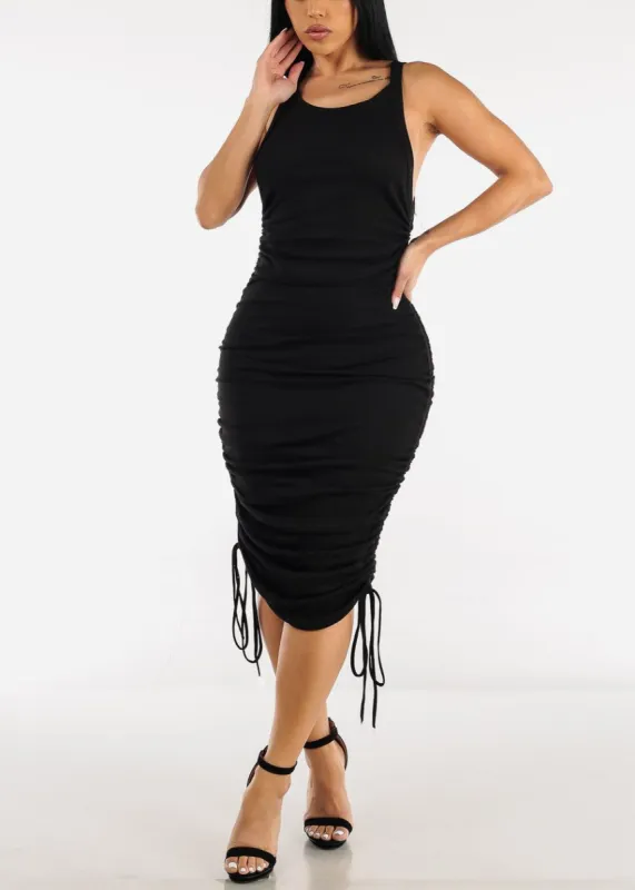 Black Sleeveless Ruched Drawstring Sides Midi Dress sold by Moda