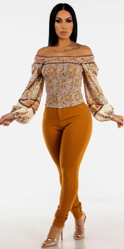 High Waisted Camel Skinny Pants with Orange Off Shoulder Smocked Top sold by Moda