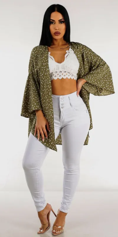 White Butt Lifting Skinny Jeans White Floral Lace Bralette and Olive Polka Dot Kimono sold by Moda