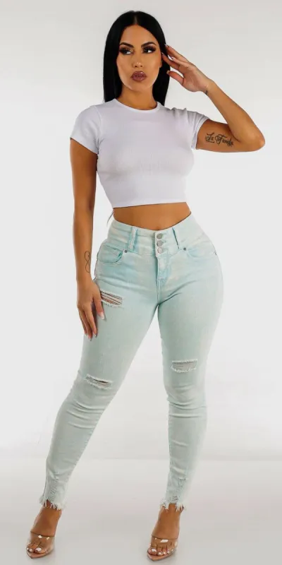 Light Blue Acid Wash Butt Lift Skinny Jeans with Cut Out Back Short Sleeve Crop Top sold by Moda