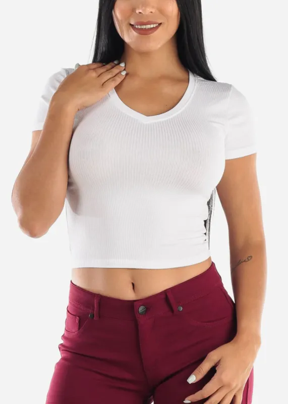 White V-Neck Crop Top sold by Moda