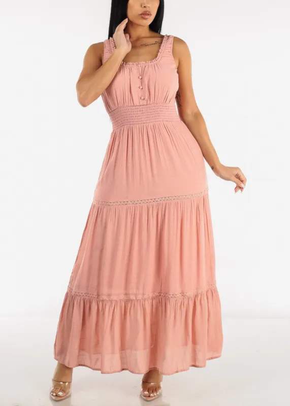 Sleeveless Smocked Waist Tiered Maxi Dress Pink sold by Moda