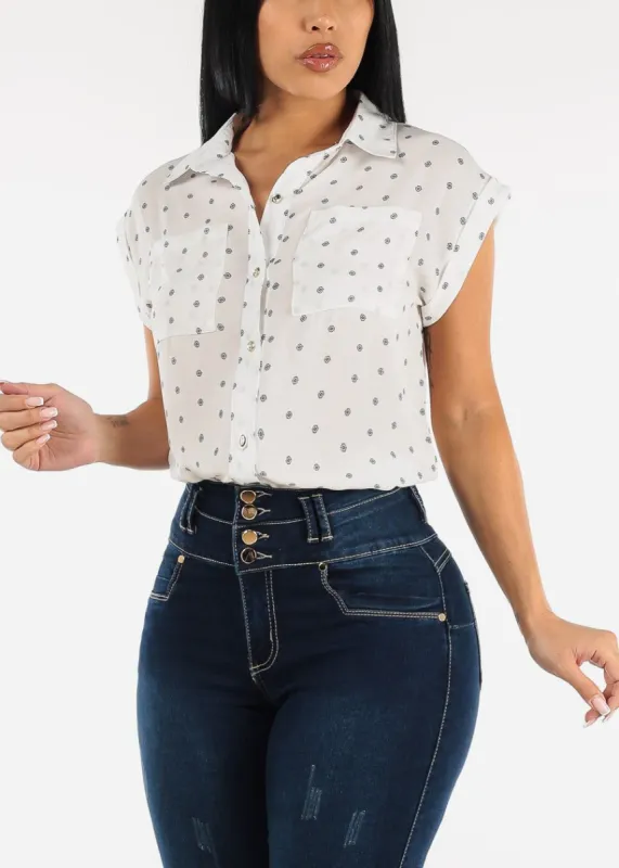 White Polka Dot Cap Sleeve Button Up Shirt sold by Moda