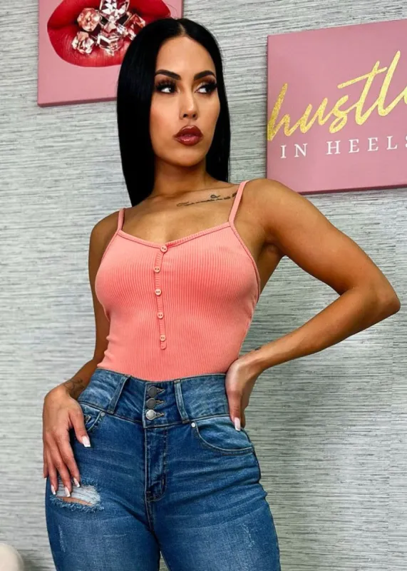 Sleeveless Vneck Ribbed Bodysuit Peach sold by Moda