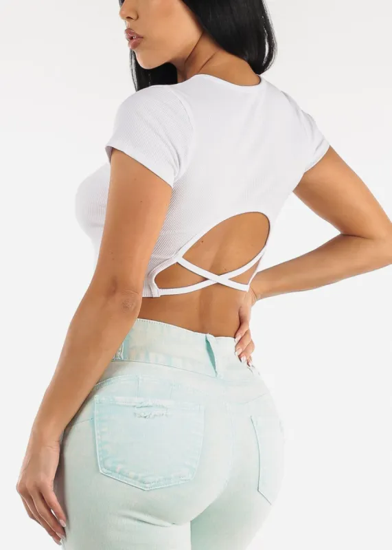 White Cut Out Back Short Sleeve Crewneck Crop Top sold by Moda