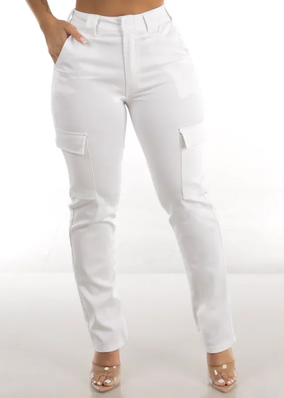 White High Waisted Straight Cargo Pants sold by Moda