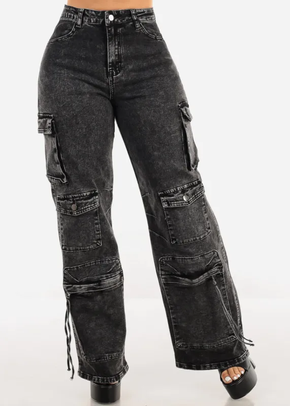 High Waist Acid Wash Straight Wide Leg Cargo Jeans Black sold by Moda