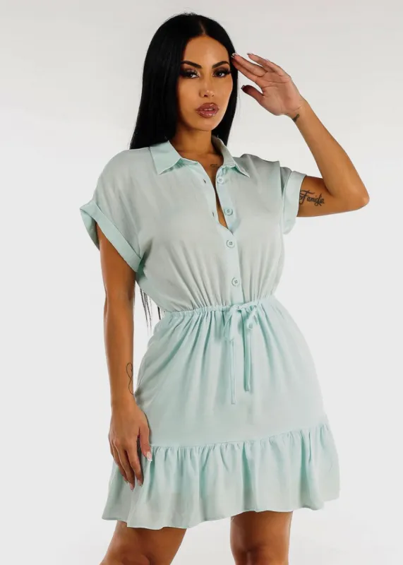 Drawstring Waist Ruffle Hem Shirtdress Mint sold by Moda