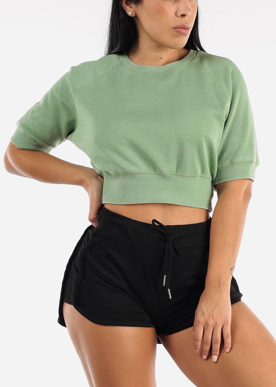 MONO B Burnout Wash Short Sleeve Cropped Top Light Green sold by Moda